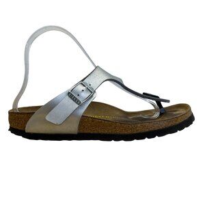 Birkenstock Women’s Metallic Silver Strap & Cork Sole Gizeh Sandals Size US 8